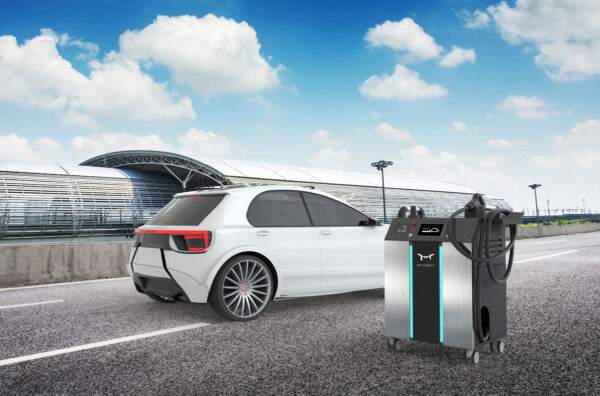 Hellonext Movable EV Charger next to a car